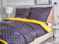 Outlet Beliani Pussilakanasetti Satiinipuuvilla Tummansininen/Keltainen 135 X 200 Cm Wallingford