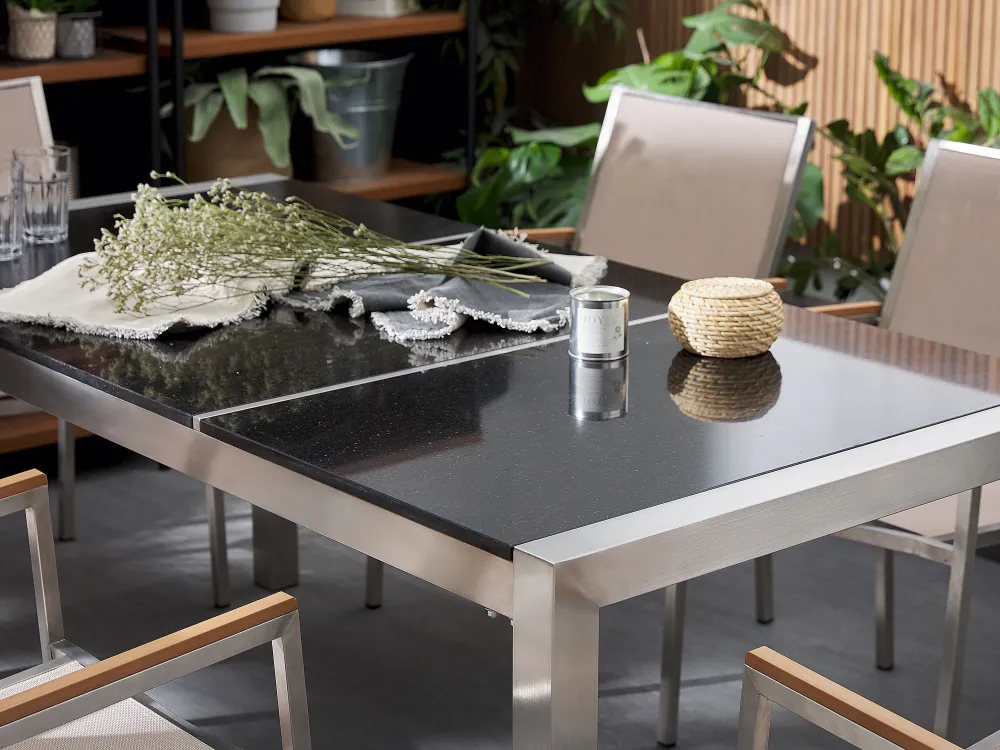 Pöydät<Beliani Puutarhapoyta 3-Osainen Graniittitaso Musta 180 X 90 Cm Grosseto