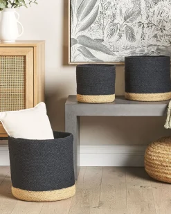 Säilytys<Beliani Puuvillakori Musta/Beige 3 Kpl Basima