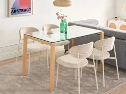 New Beliani Ruokapoyta Lasitasolla Teras Vaalea Puu 130 X 80 Cm Tavira