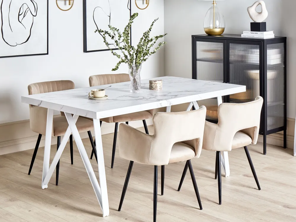 Online Beliani Ruokapoyta Marmorikuvio Valkoinen 160 X 90 Cm Grieger