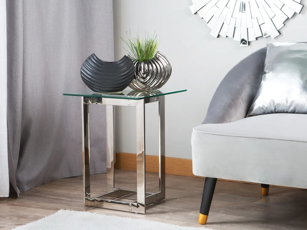 Pöydät<Beliani Sivupoyta Lasitasolla Rosteri Hopea Crystal