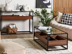 Pöydät<Beliani Sohvapoyta Lasitasolla Tumma Puu/Musta Waco