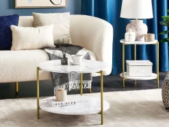 Pöydät<Beliani Sohvapoyta Marmorikuvio Valkoinen/Kulta Reva