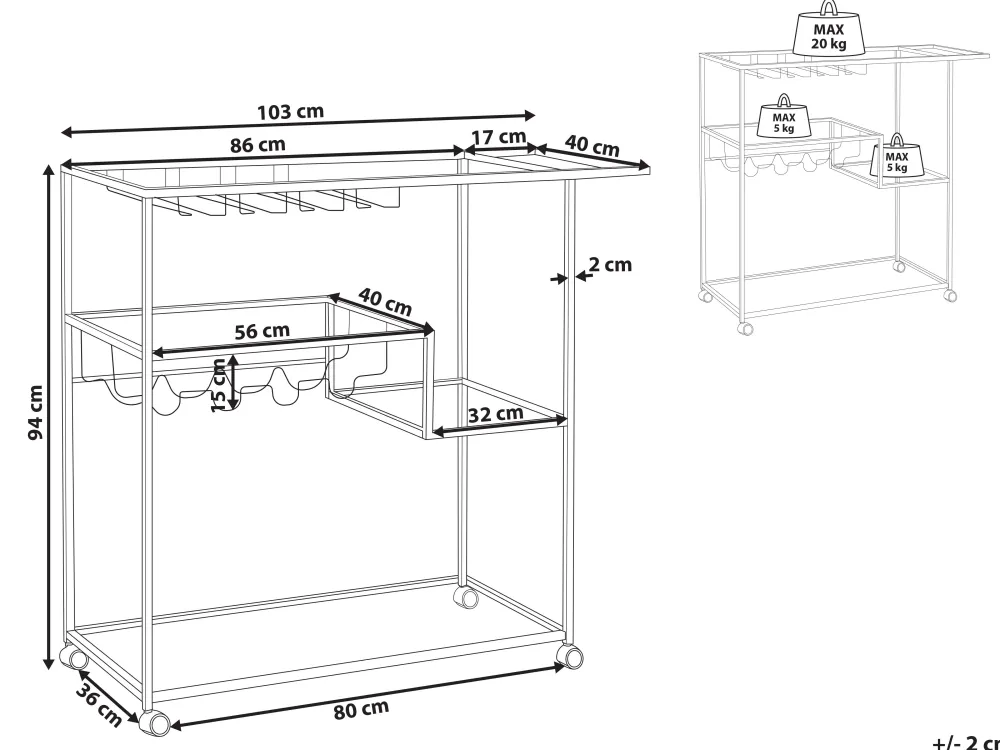 Fashion Beliani Tarjoiluvaunu Lasitasolla Rauta Musta Marcola