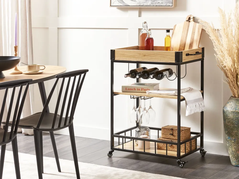 Säilytys<Beliani Tarjoiluvaunu Vaalea Puu/Musta Hullet