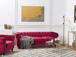 Sohvat<Beliani Tummanpunainen Samettiverhoiltu Sohvaryhma Chesterfield