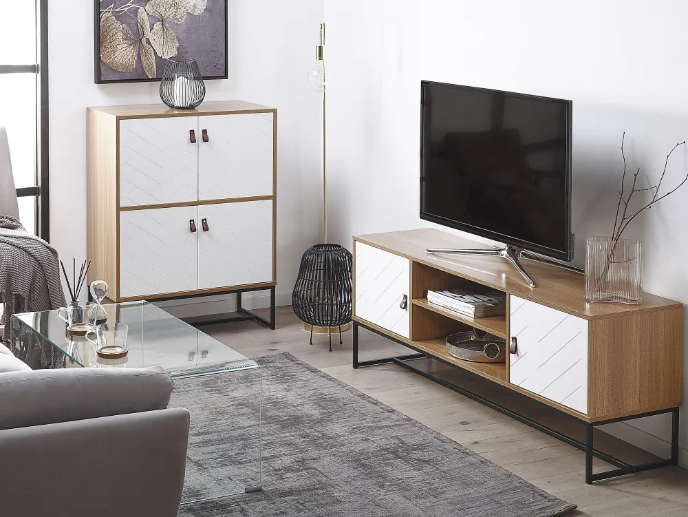 Säilytys<Beliani Tv-Taso 2 Kaappia 2 Hyllya Vaalea Puu/Valkoinen Nueva