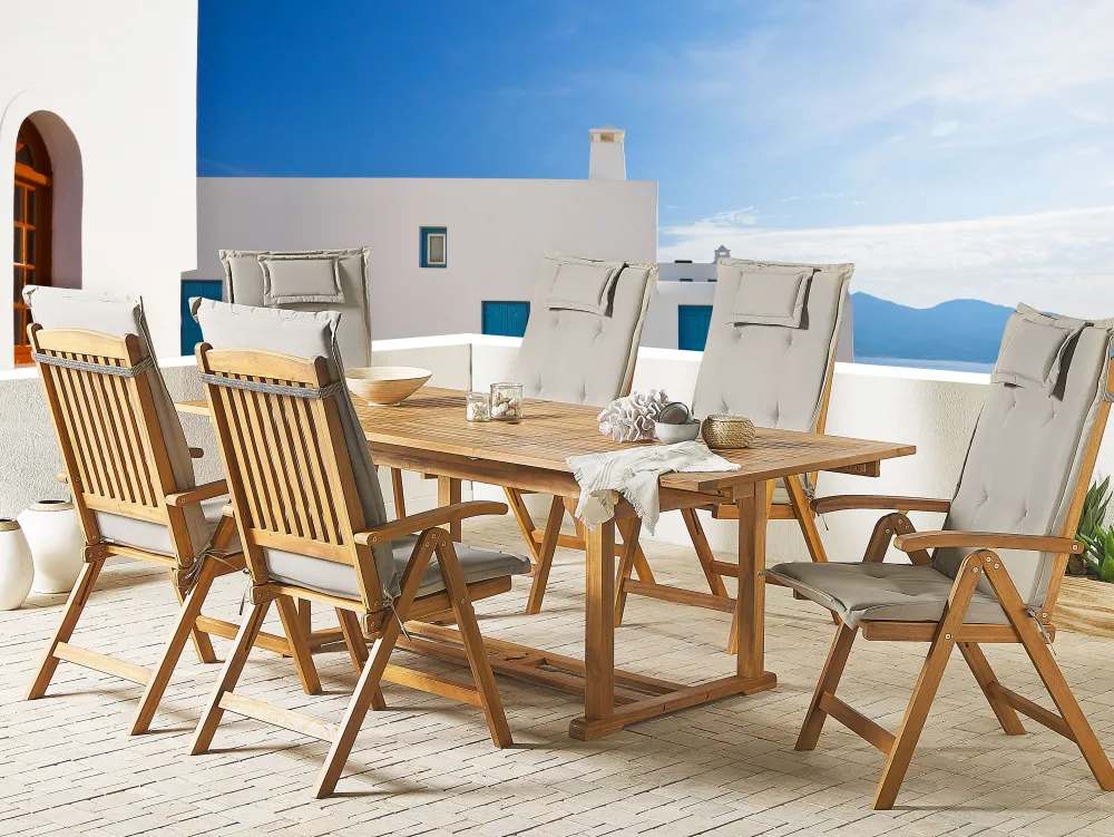 Flash Sale Beliani Ulkoruokailuryhma 6-Istuttava Akaasiapuinen Ruskeanharmailla Pehmusteilla Java