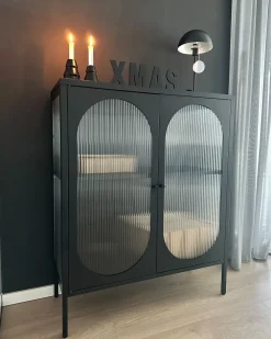 Säilytys<Beliani Vitriinikaappi Teras 2 Ovea 2 Hyllya Musta Sarre